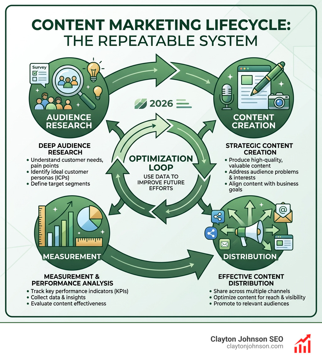 Content marketing lifecycle infographic: Audience research, Content creation, Distribution, Measurement, Optimization loop Content marketing lifecycle infographic: Audience research, Content creation, Distribution, Measurement, Optimization loop
