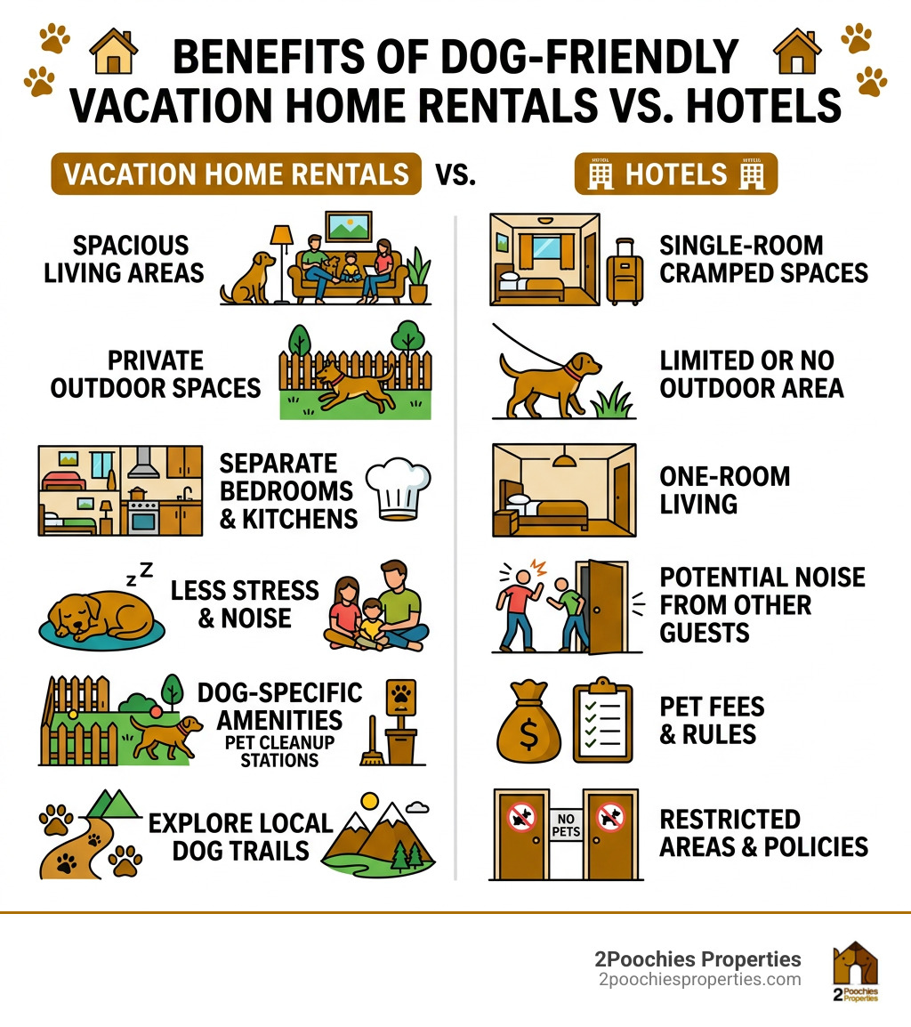 Benefits of dog friendly vacation home rentals vs hotels infographic - dog friendly holiday homes infographic 