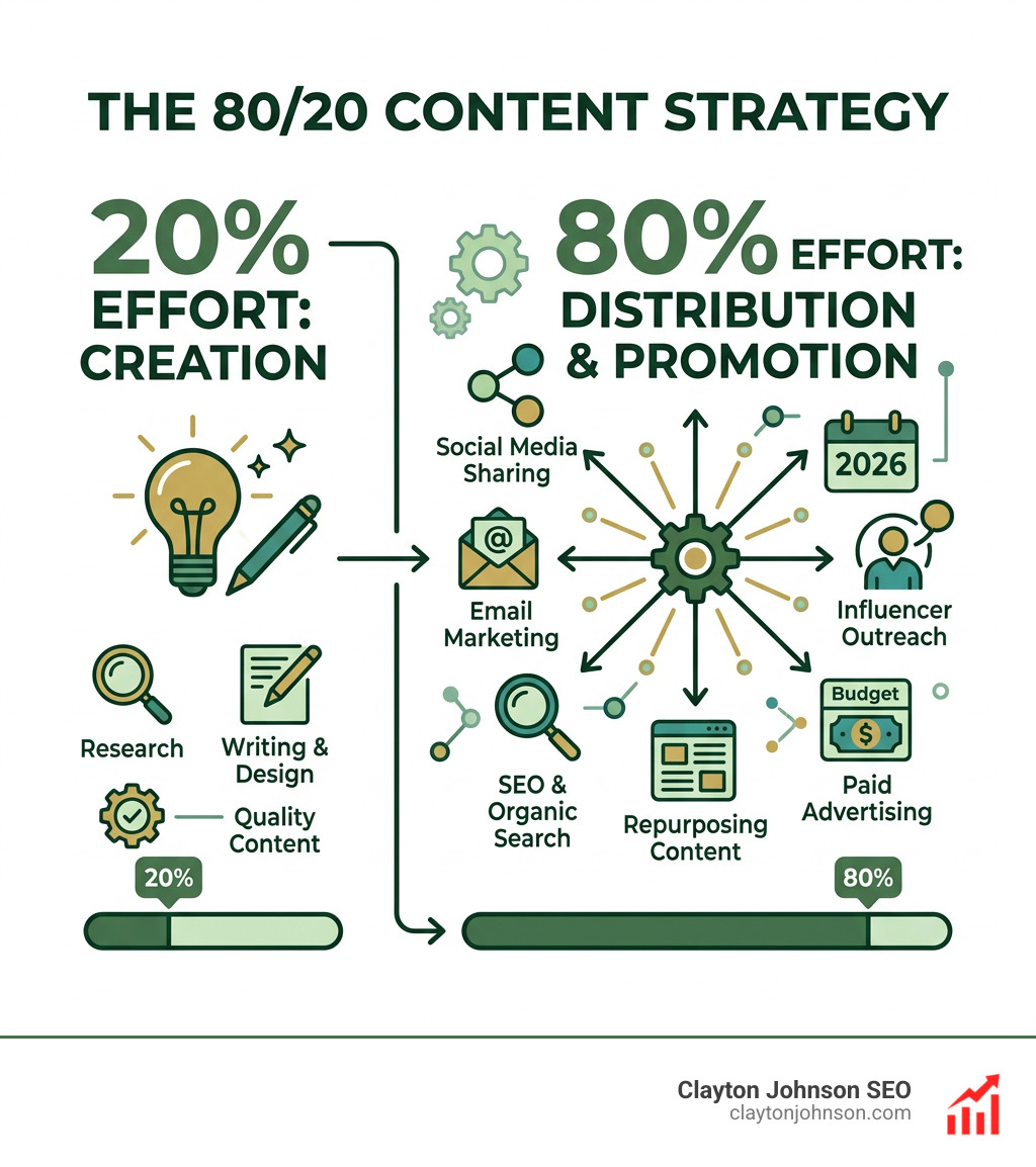 Infographic showing the 80/20 rule: 20% of effort on creation, 80% on distribution and promotion - best content marketing Infographic showing the 80/20 rule: 20% of effort on creation, 80% on distribution and promotion - best content marketing