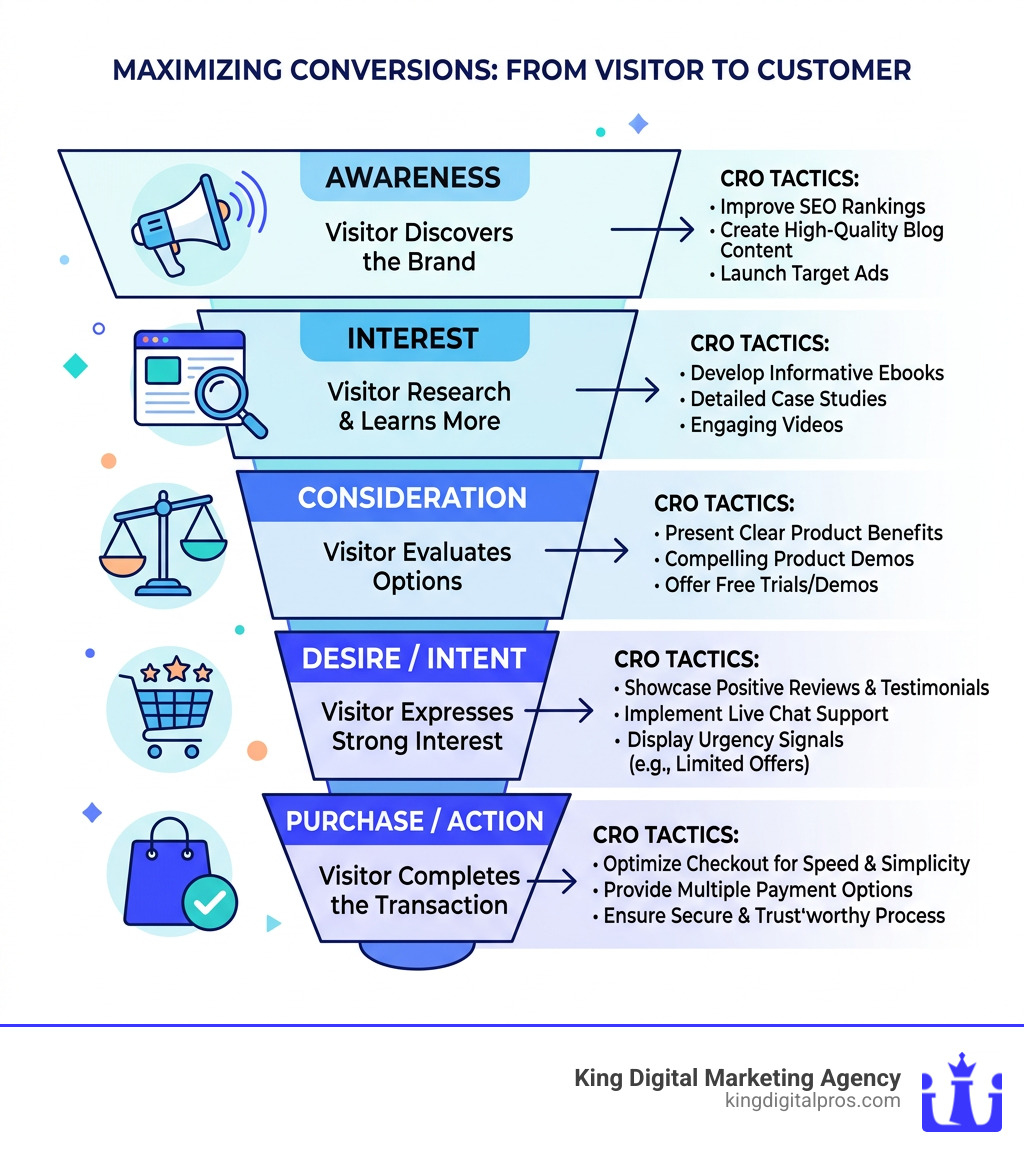Conversion Funnel Infographic Showing Visitor Stages From Awareness To Purchase With Cro Tactics At Each Step - Conversion