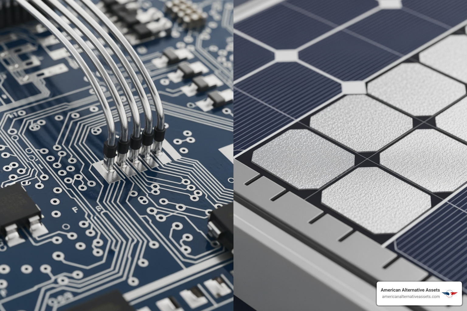 Silver used in high-tech solar panels and complex electronics circuit boards - silver precious metals