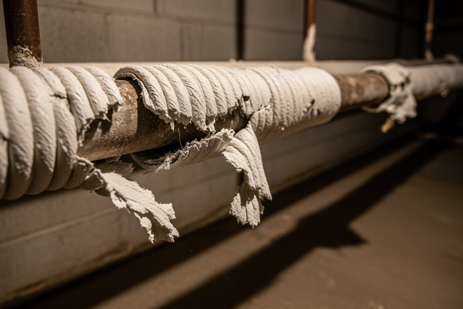 Damaged asbestos pipe insulation in a residential basement - asbestos in homes