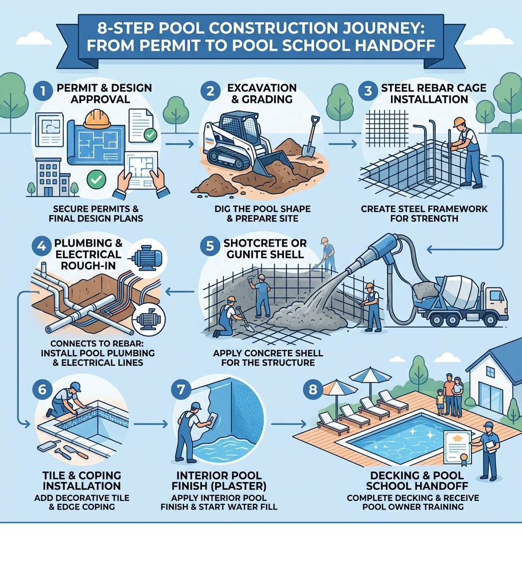 8-step pool construction journey infographic from permit to pool school handoff - pool builder reviews Houston infographic 8-step pool construction journey infographic from permit to pool school handoff - pool builder reviews Houston infographic