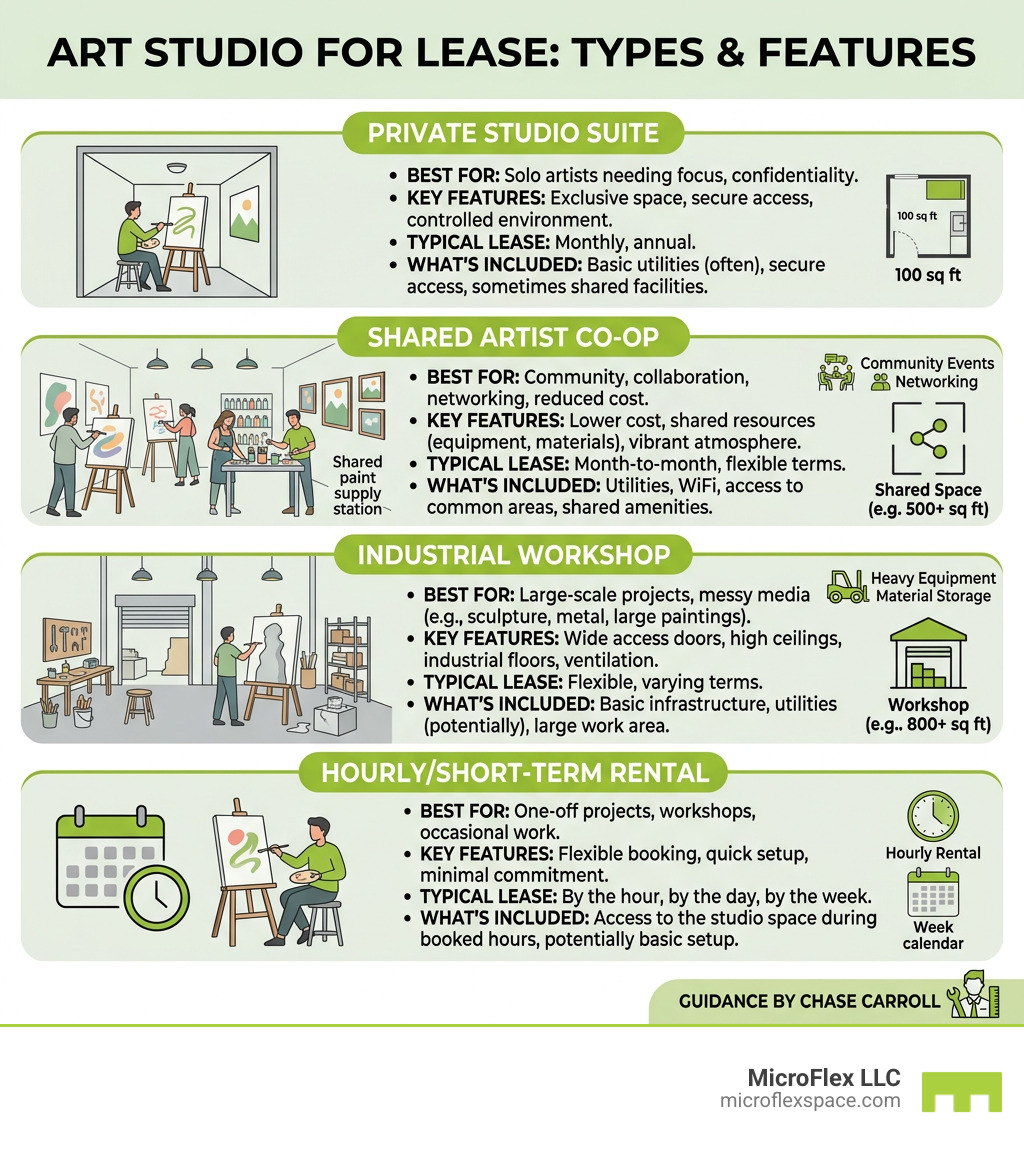 infographic showing types of art studios for lease, key features, lease terms, and what's typically included - art studio infographic showing types of art studios for lease, key features, lease terms, and what's typically included - art studio