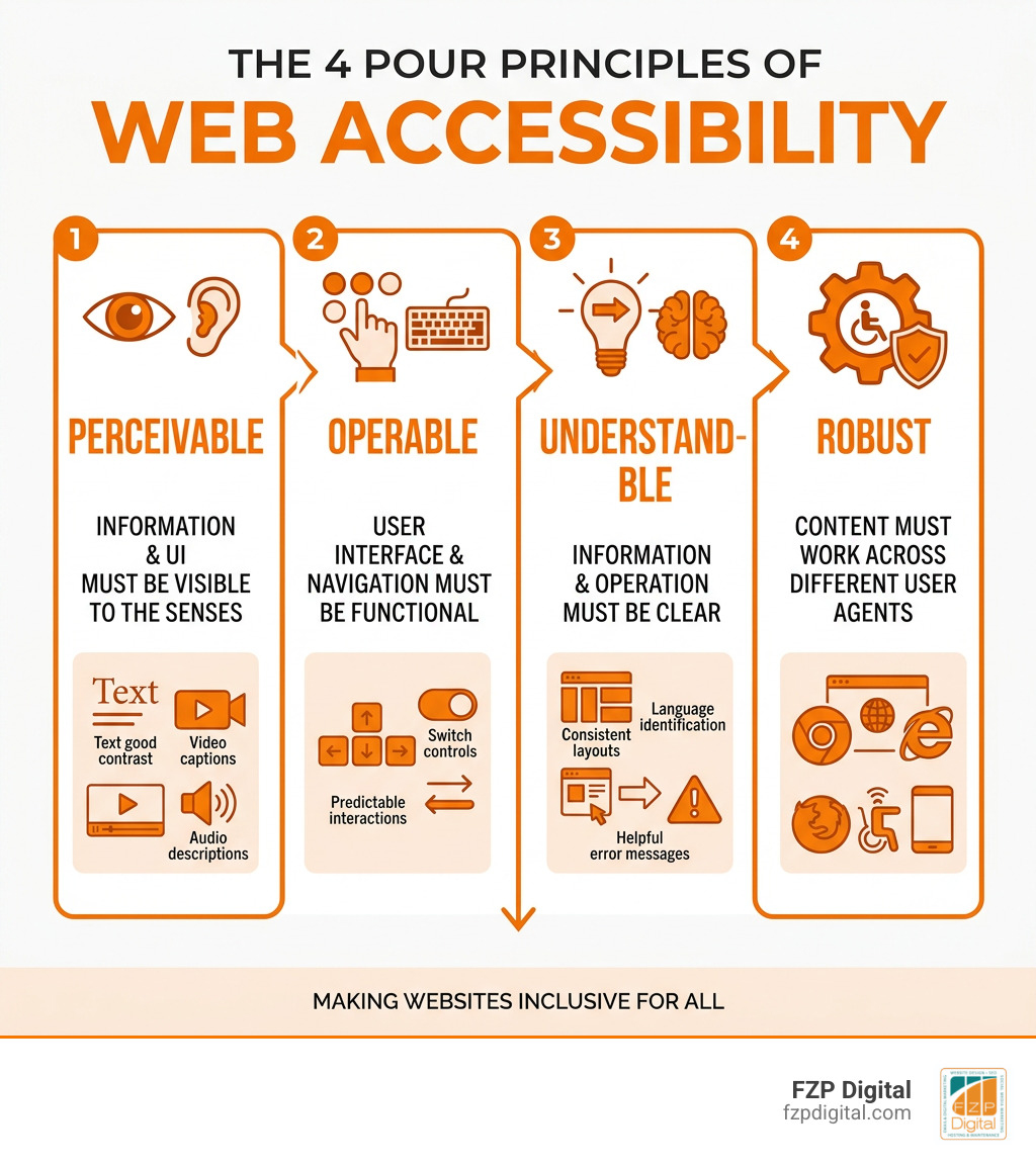 Infographic showing the 4 POUR principles: Perceivable, Operable, Understandable, Robust for ADA web accessibility - ada Infographic showing the 4 POUR principles: Perceivable, Operable, Understandable, Robust for ADA web accessibility - ada