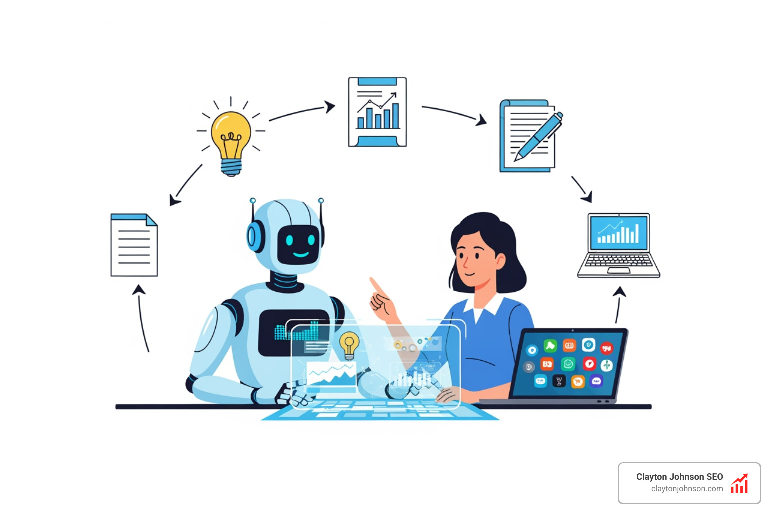 AI-human collaboration showing a robot and human working on a content strategy together - top content marketers