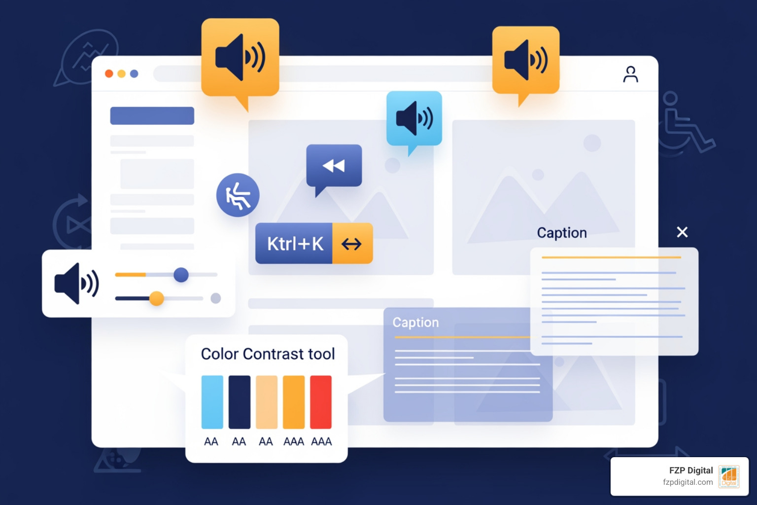 A digital blueprint showing various accessibility features like screen reader compatibility and keyboard shortcuts - ada A digital blueprint showing various accessibility features like screen reader compatibility and keyboard shortcuts - ada