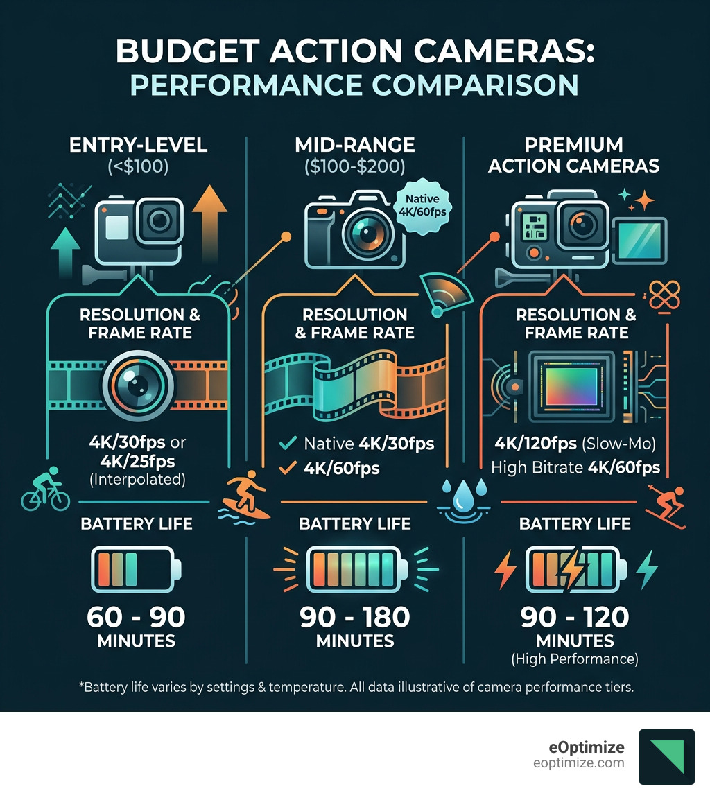 Comparison of resolution, frame rates, and battery life for budget action cameras - best budget action cameras infographic 