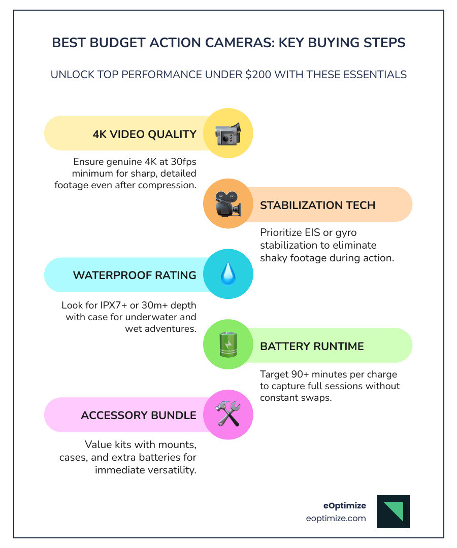 Key features and top picks for budget action cameras under $200 - best budget action cameras infographic