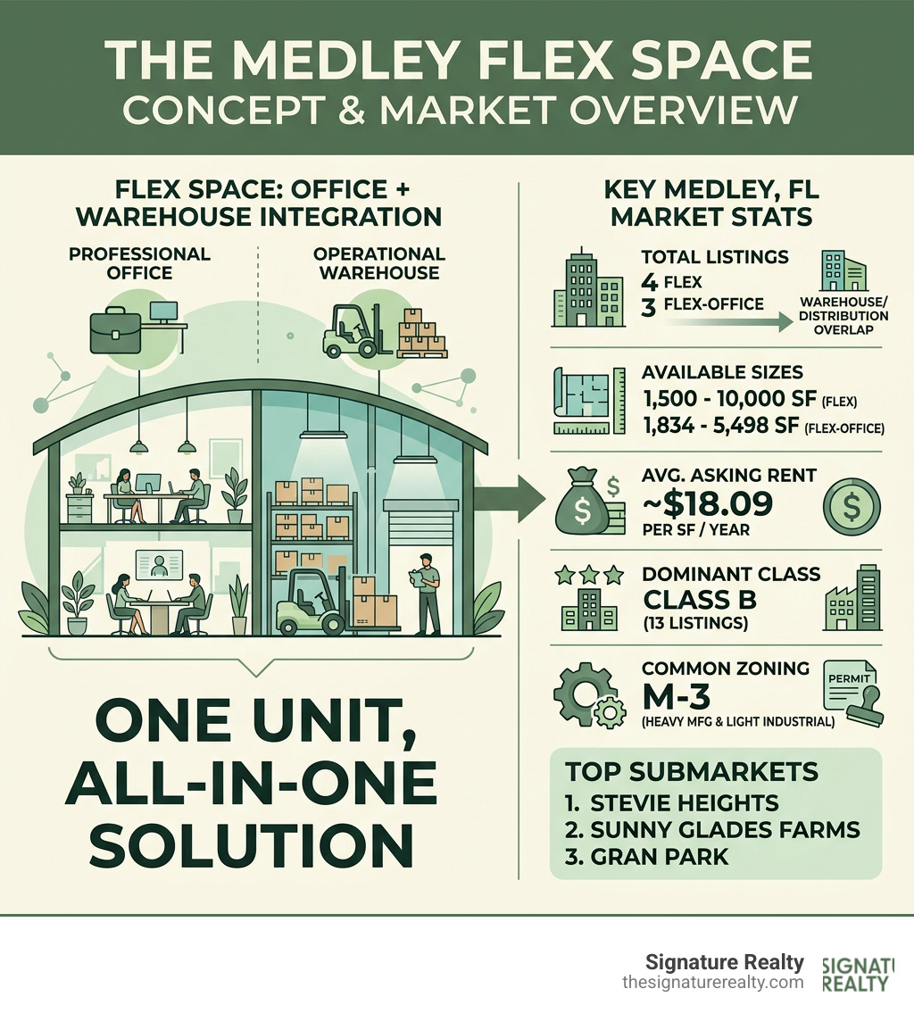 Infographic showing flex space concept: Office plus Warehouse integration, key stats for Medley FL market - medley flex Infographic showing flex space concept: Office plus Warehouse integration, key stats for Medley FL market - medley flex