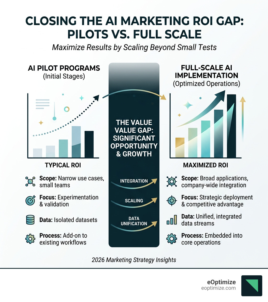 Infographic showing the AI ROI gap between pilot programs and full-scale AI marketing implementation - ai marketing