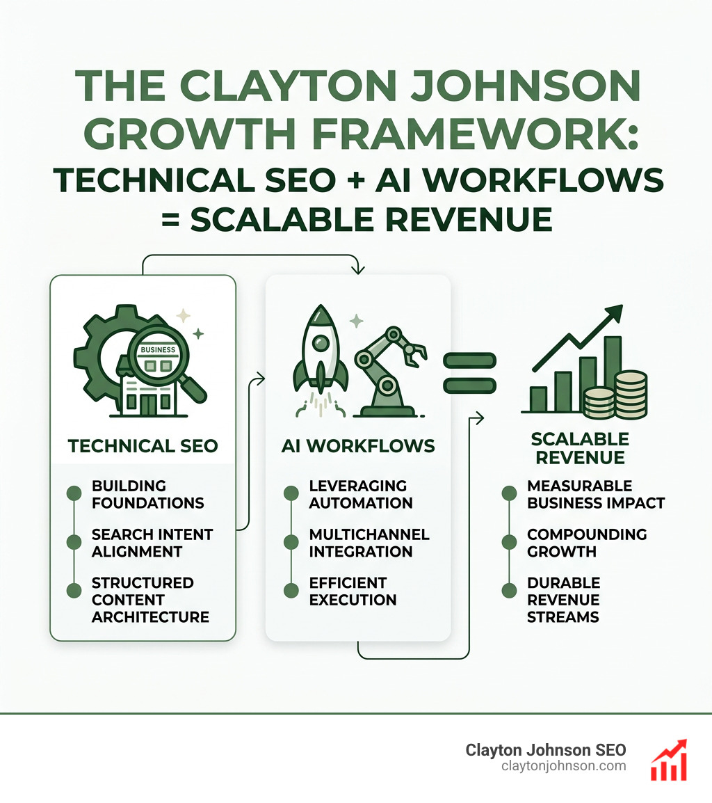Infographic showing the Clayton Johnson growth framework: Technical SEO + AI Workflows = Scalable Revenue - AI automated