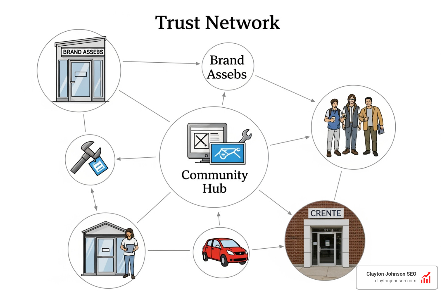 Trust network visualization showing interconnected brand assets and community hubs - top content marketers