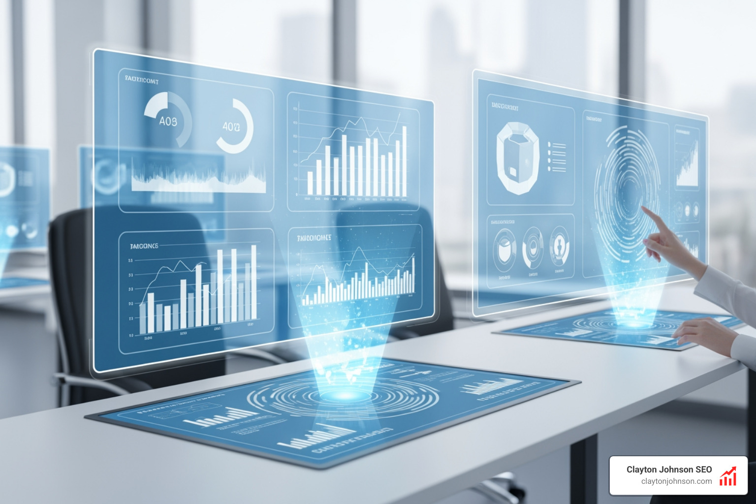 Futuristic marketing hub with data streams and AI interfaces - top content marketers