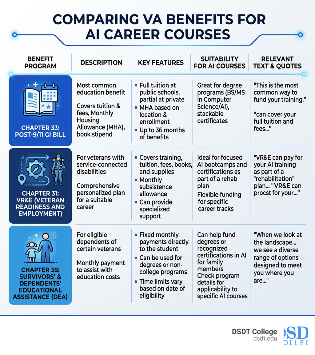 Table comparing Chapter 33, Chapter 31, and Chapter 35 benefits - veteran AI career courses infographic 