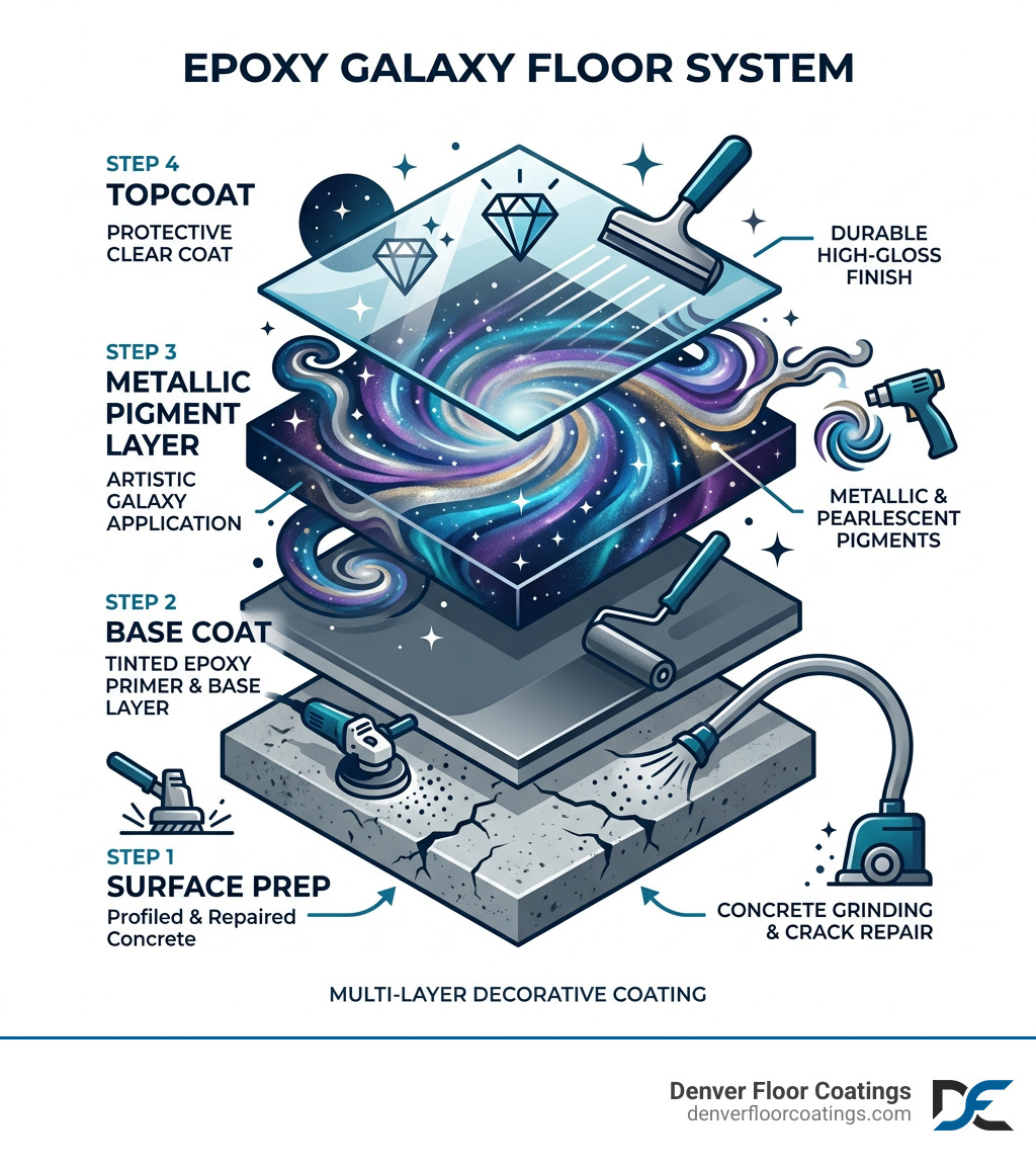 Infographic showing the multi-layer epoxy galaxy floor system: surface prep, base coat, metallic pigment layer, topcoat Infographic showing the multi-layer epoxy galaxy floor system: surface prep, base coat, metallic pigment layer, topcoat