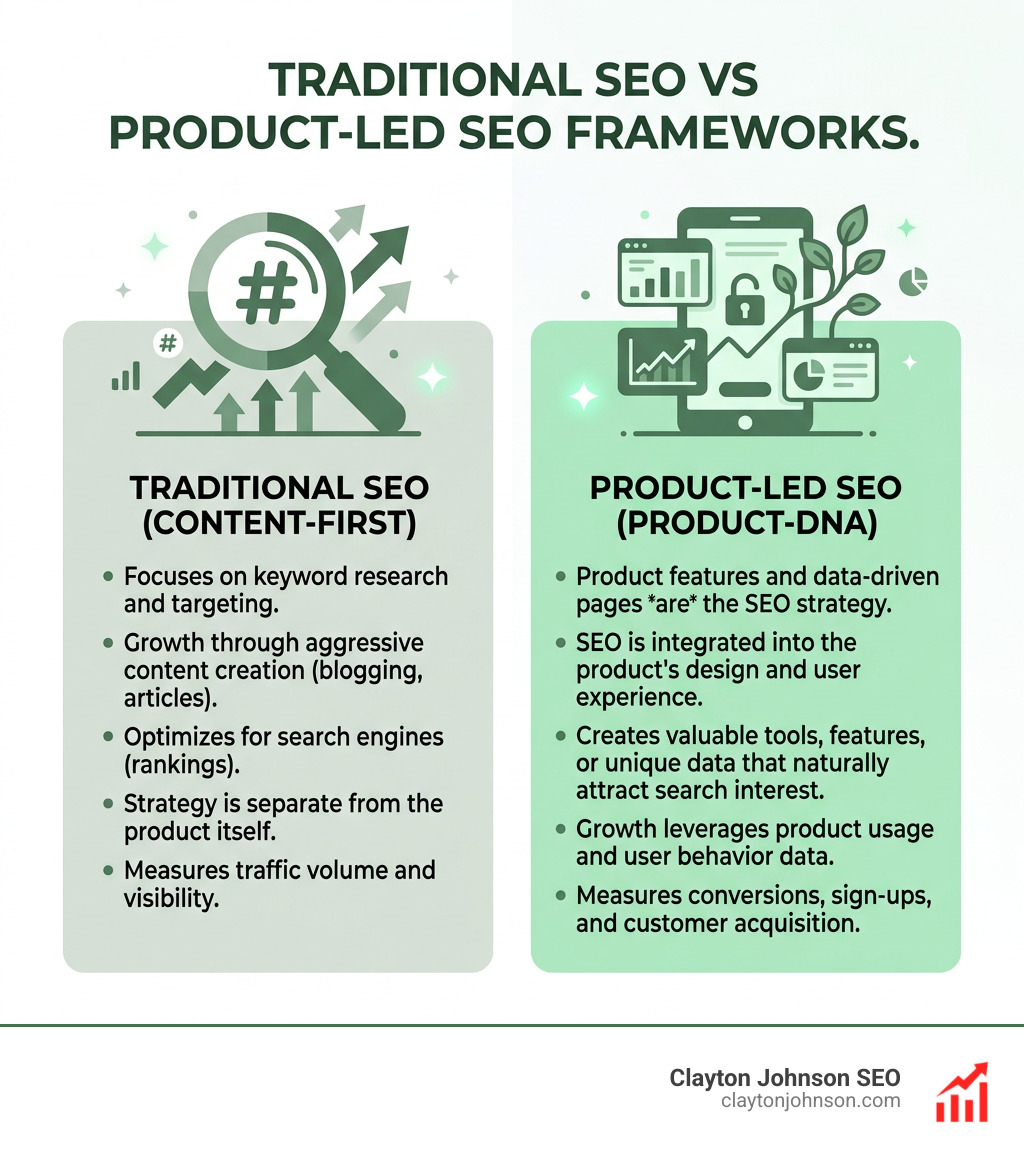 Comparison of traditional SEO vs Product-Led SEO frameworks - industry leaders in SEO infographic Comparison of traditional SEO vs Product-Led SEO frameworks - industry leaders in SEO infographic