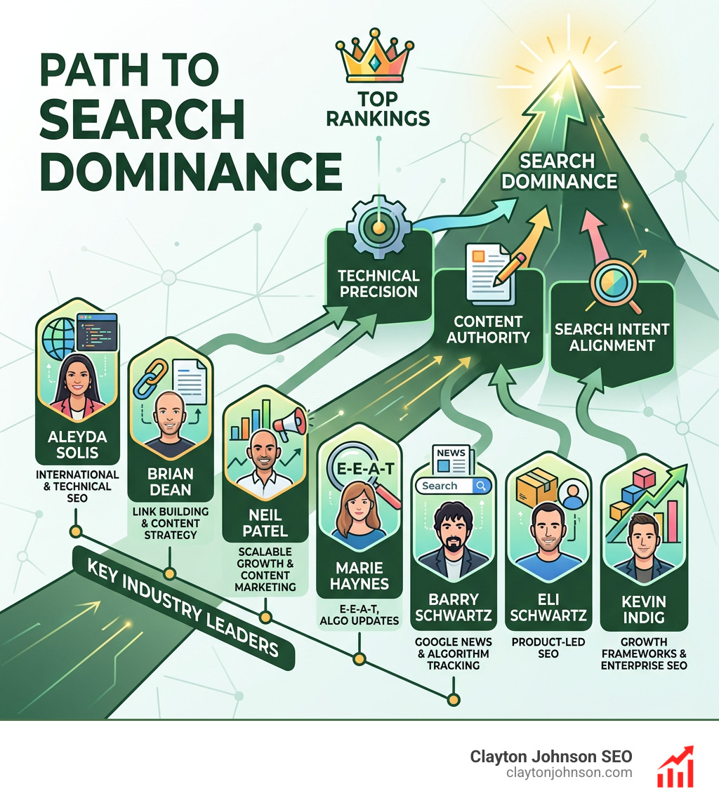Infographic showing key SEO industry leaders, their specializations, and the path to search dominance - industry leaders in Infographic showing key SEO industry leaders, their specializations, and the path to search dominance - industry leaders in