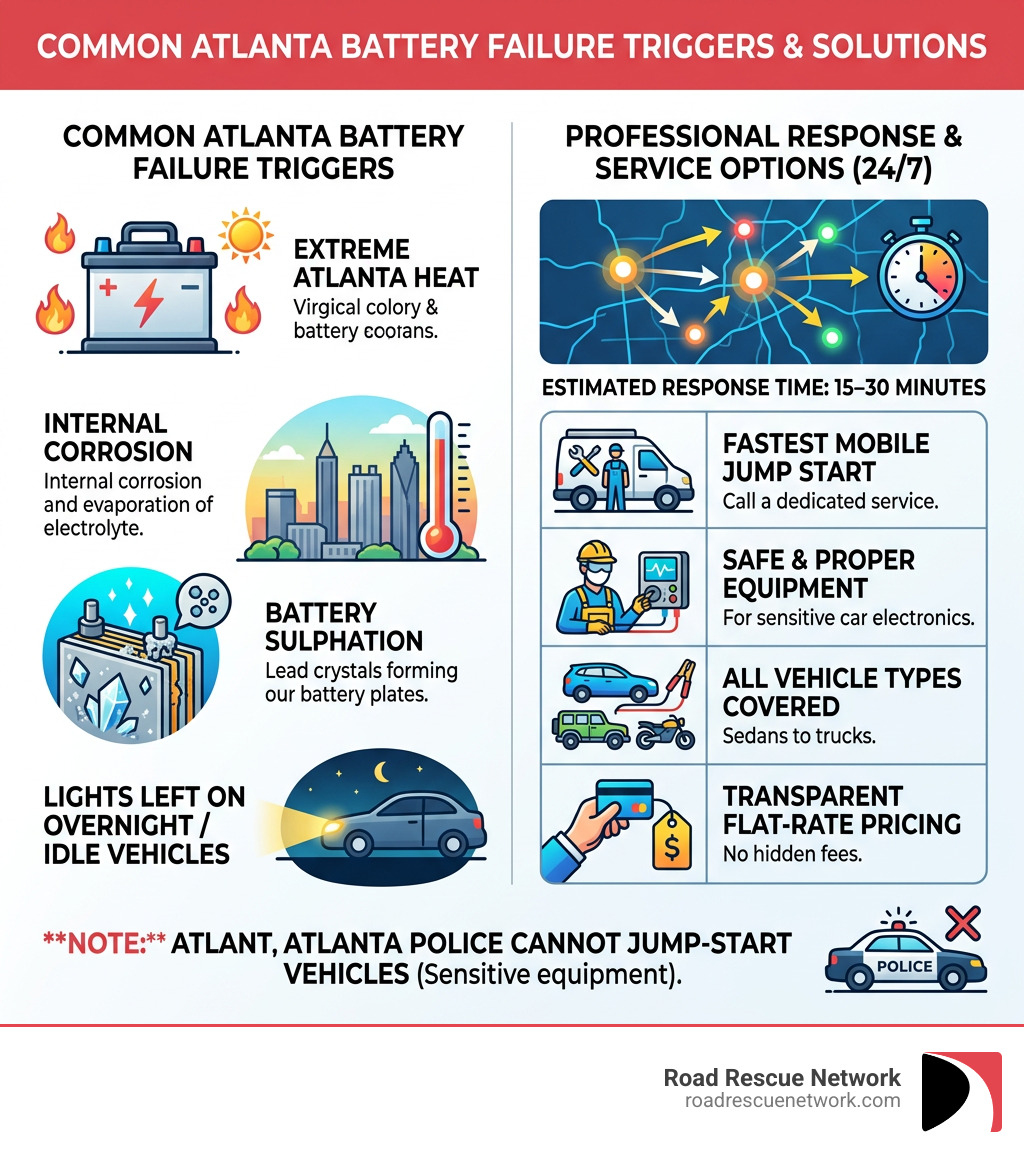 Common battery failure triggers in Atlanta with response time and service options infographic - car battery jump Atlanta