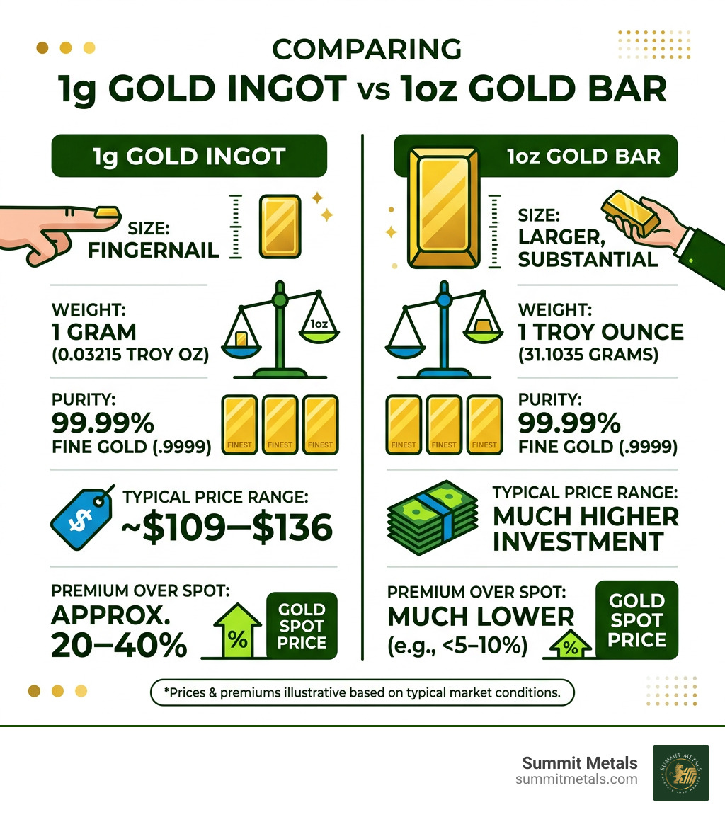 Infographic comparing 1g gold ingot size, weight, purity, price, and premium vs 1oz gold bar - 1g gold ingot infographic Infographic comparing 1g gold ingot size, weight, purity, price, and premium vs 1oz gold bar - 1g gold ingot infographic