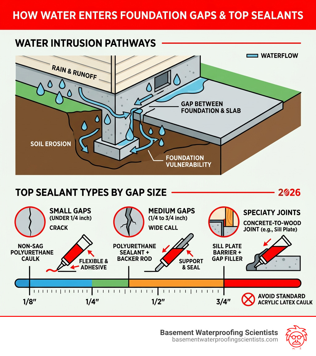 infographic showing how water enters foundation gaps and the top sealant types by gap size - best caulking for sealing