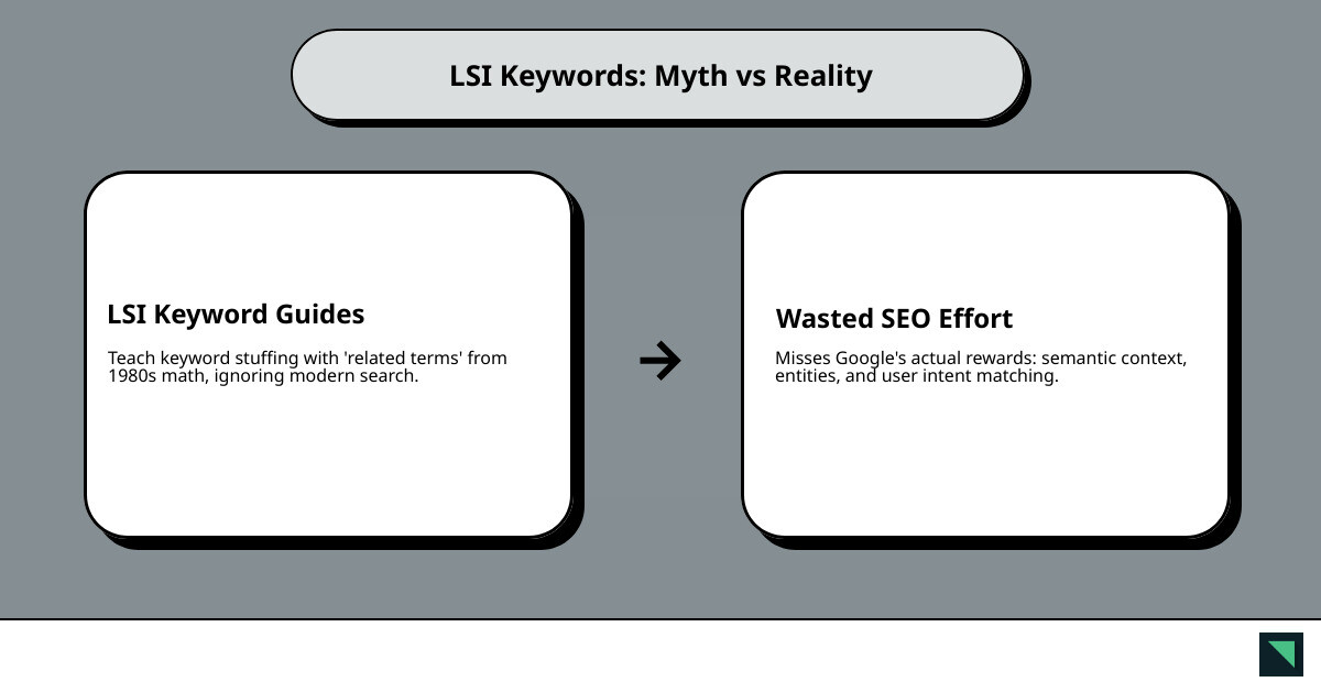 Infographic showing the shift from LSI keyword stuffing to modern semantic SEO with entity-based and intent-driven content