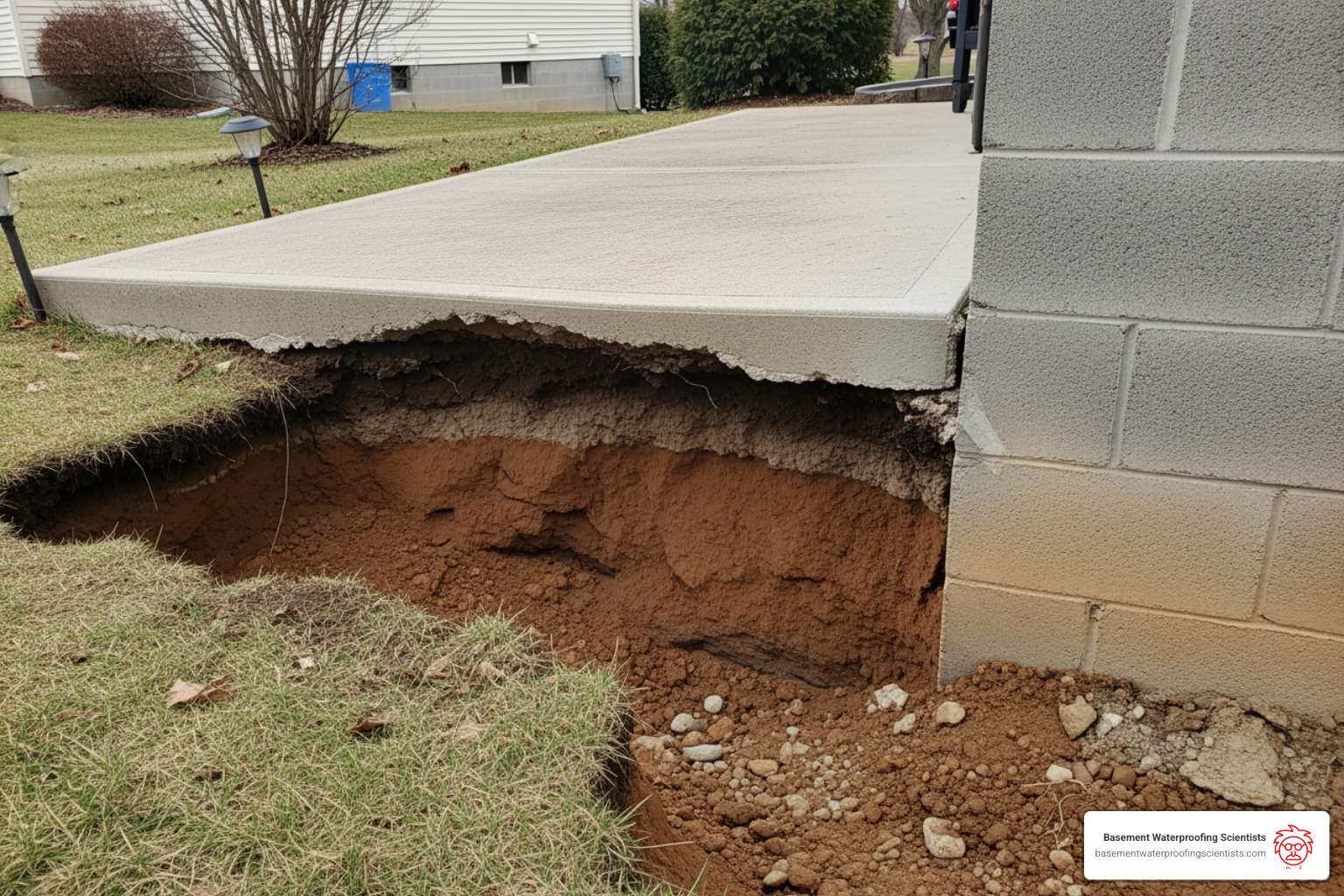 soil erosion under a concrete slab causing a gap - best caulking for sealing foundation gap