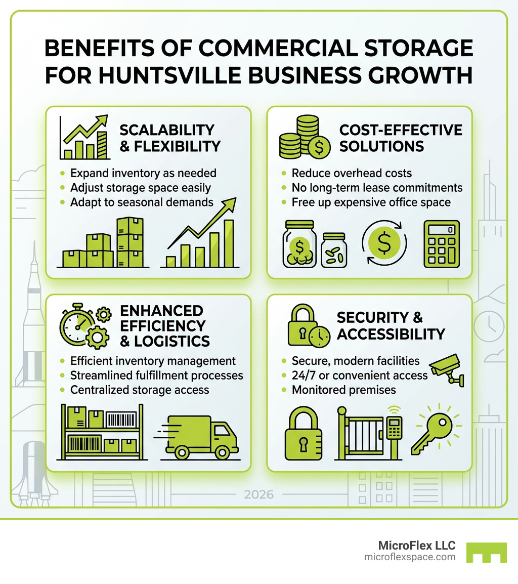 Benefits of commercial storage for Huntsville business growth infographic - Commercial storage units Huntsville infographic Benefits of commercial storage for Huntsville business growth infographic - Commercial storage units Huntsville infographic