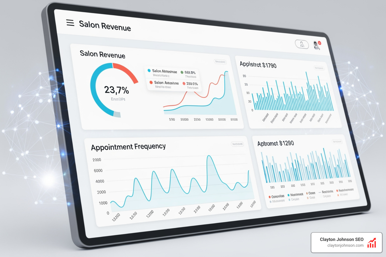 Digital dashboard showing salon revenue growth and appointment frequency increasing via AI automation - AI automated email