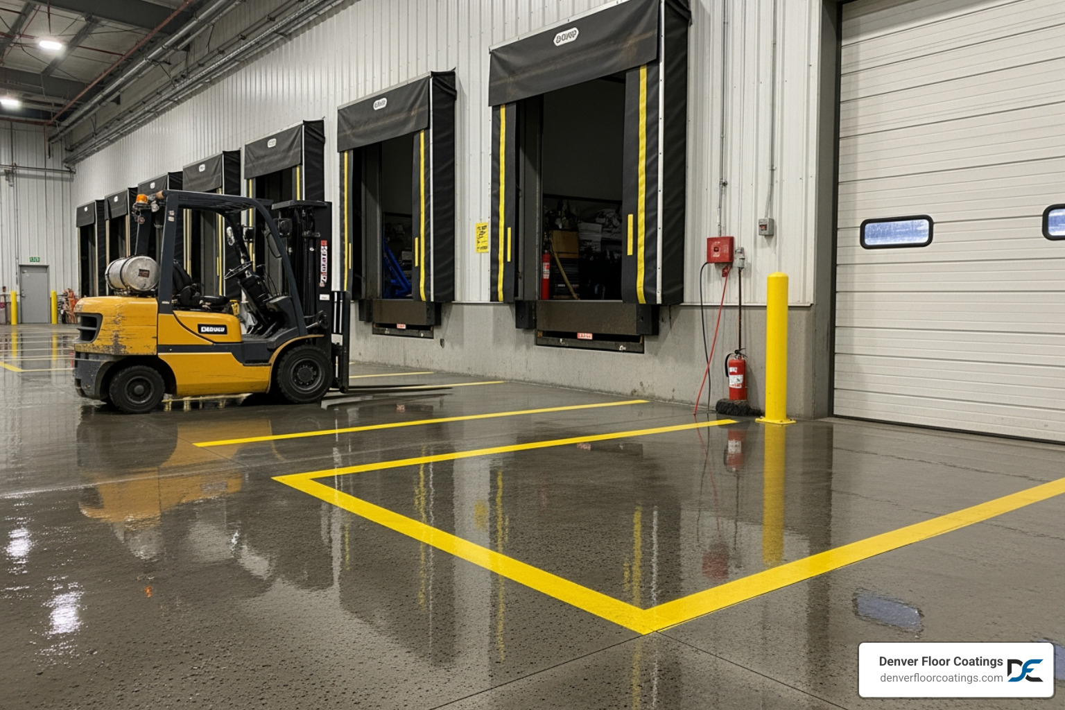 Commercial loading dock with high-visibility safety markings and textured anti-slip coating - anti slip concrete coating Commercial loading dock with high-visibility safety markings and textured anti-slip coating - anti slip concrete coating