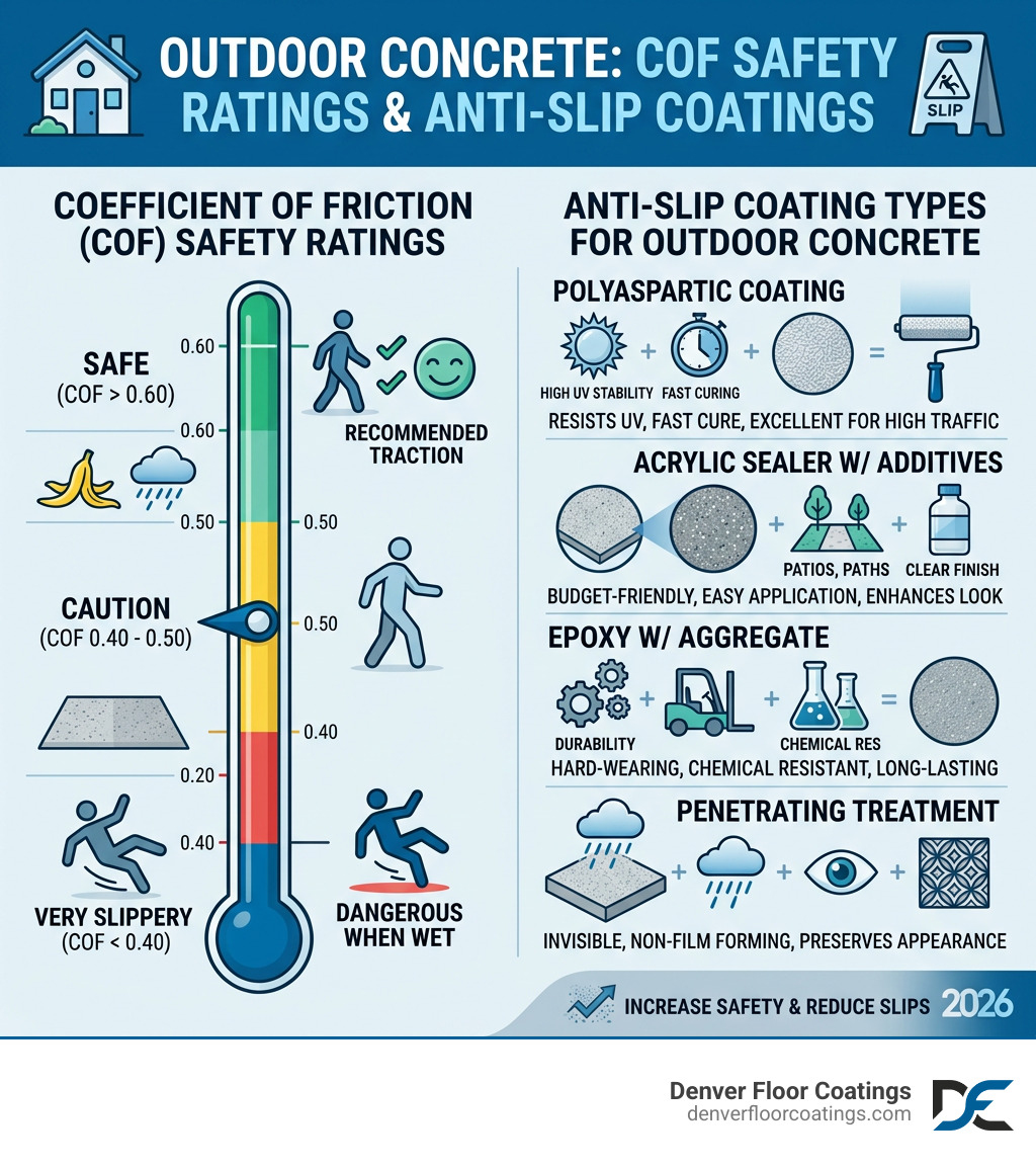 Infographic showing COF safety ratings and anti-slip coating types for outdoor concrete - anti slip concrete coating Infographic showing COF safety ratings and anti-slip coating types for outdoor concrete - anti slip concrete coating