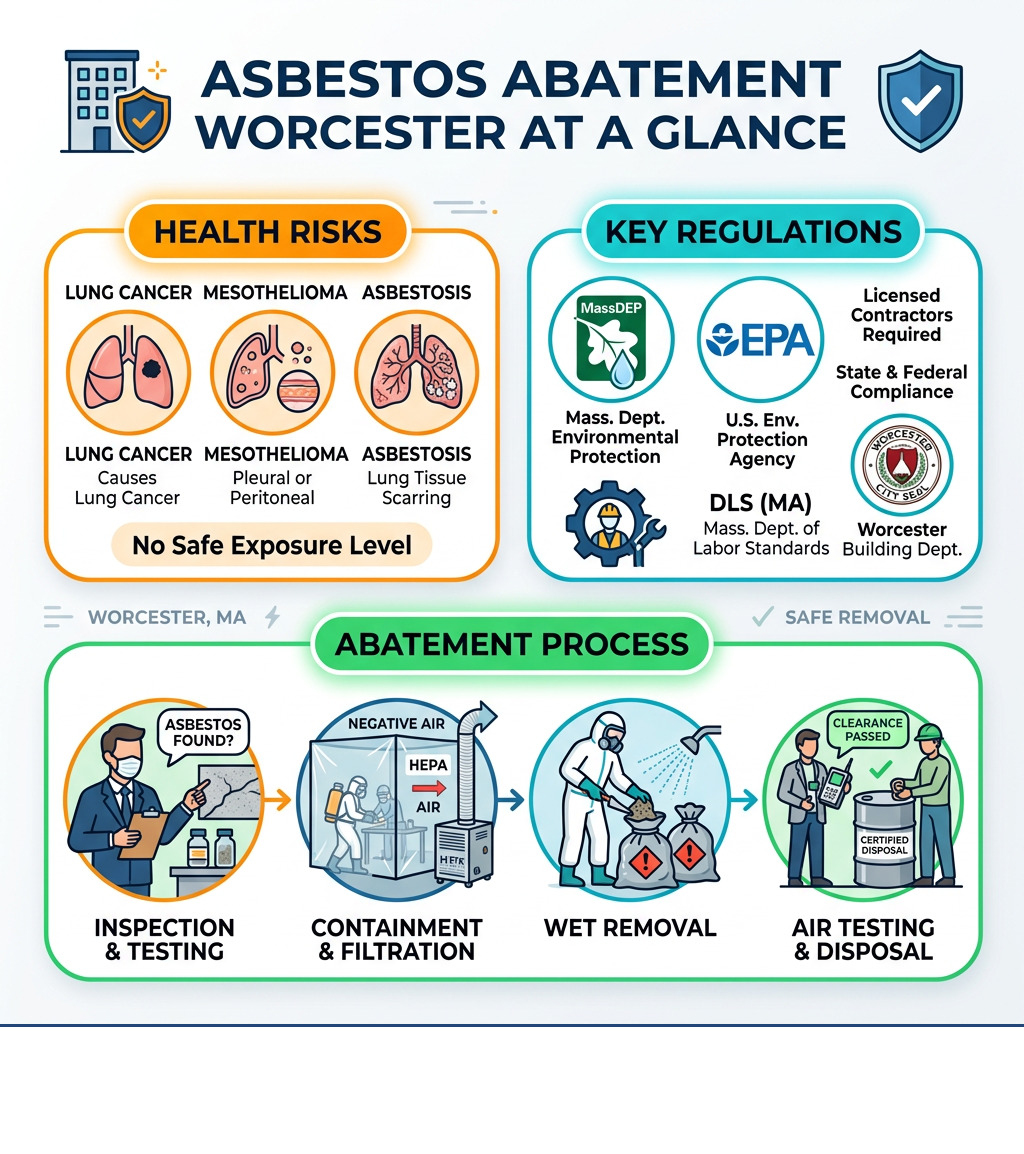 Infographic showing asbestos abatement Worcester process steps, health risks, and key regulations at a glance - asbestos Infographic showing asbestos abatement Worcester process steps, health risks, and key regulations at a glance - asbestos