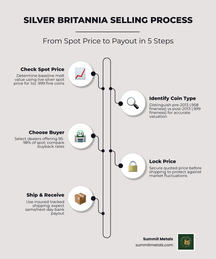 Silver Britannia coin selling lifecycle infographic: spot price to payout steps - sell silver britannia infographic