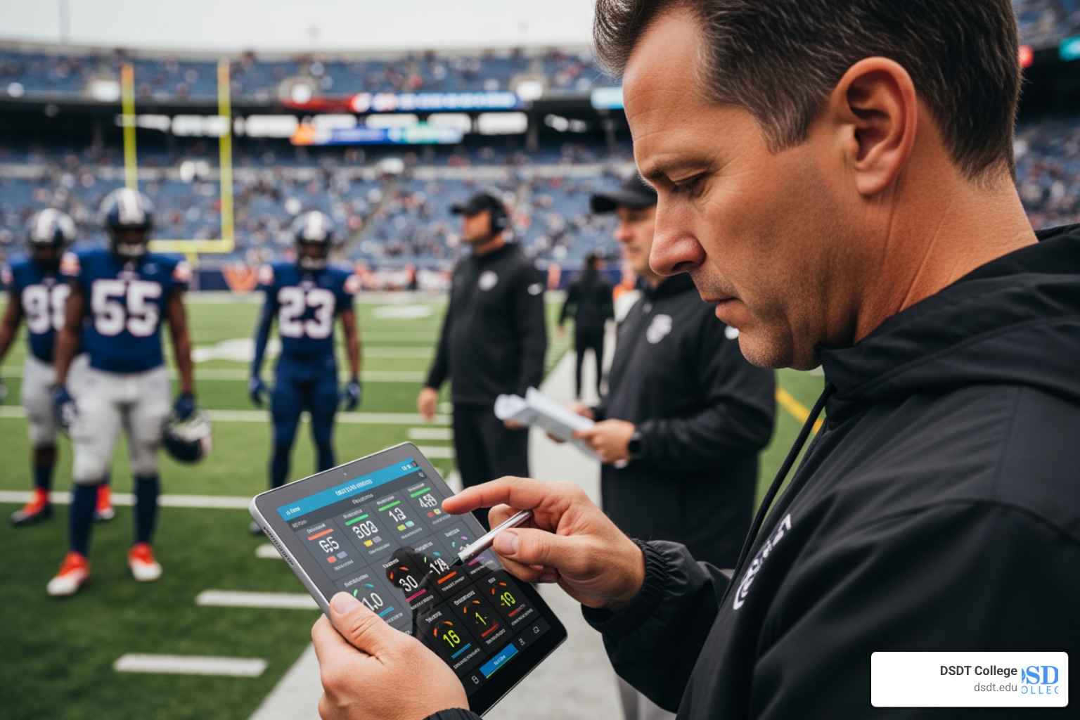 Coach reviewing real-time player data on a tablet during a game - AI sports analytics course Coach reviewing real-time player data on a tablet during a game - AI sports analytics course