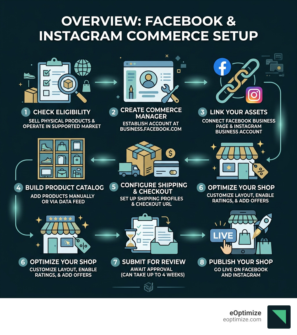 Overview infographic of the Facebook and Instagram commerce ecosystem setup steps - facebook commerce manager setup