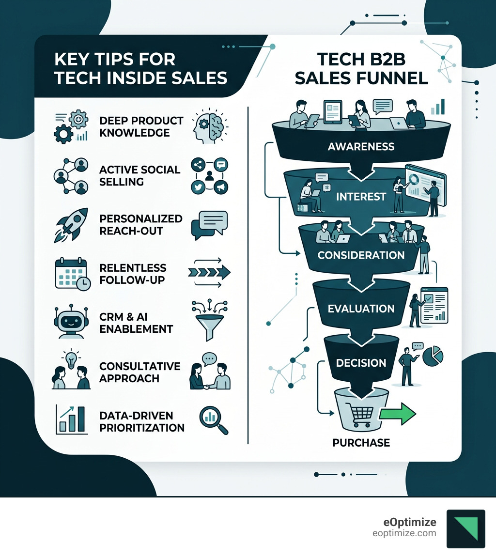Infographic showing key tips for inside sales in the tech business and the tech B2B sales funnel