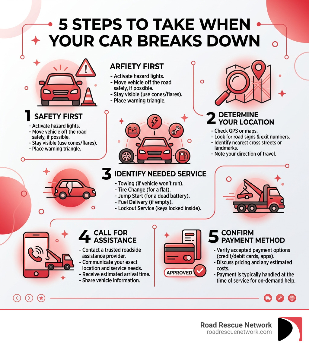 5 steps to take when your car breaks down including safety, location, service type, contact, and payment - road service