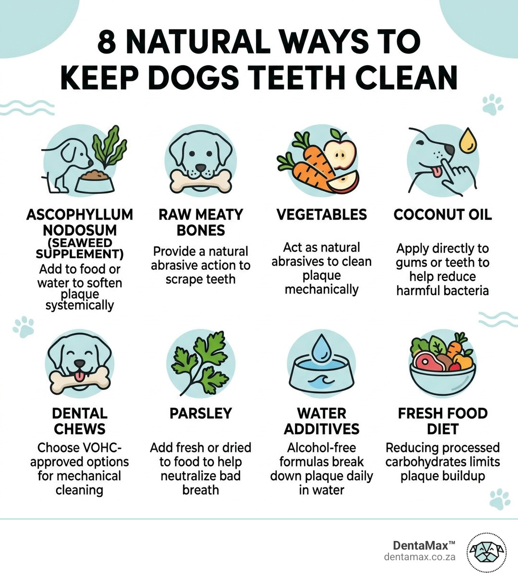 infographic showing 8 natural ways to keep dogs teeth clean with icons and brief descriptions - natural ways to keep dogs