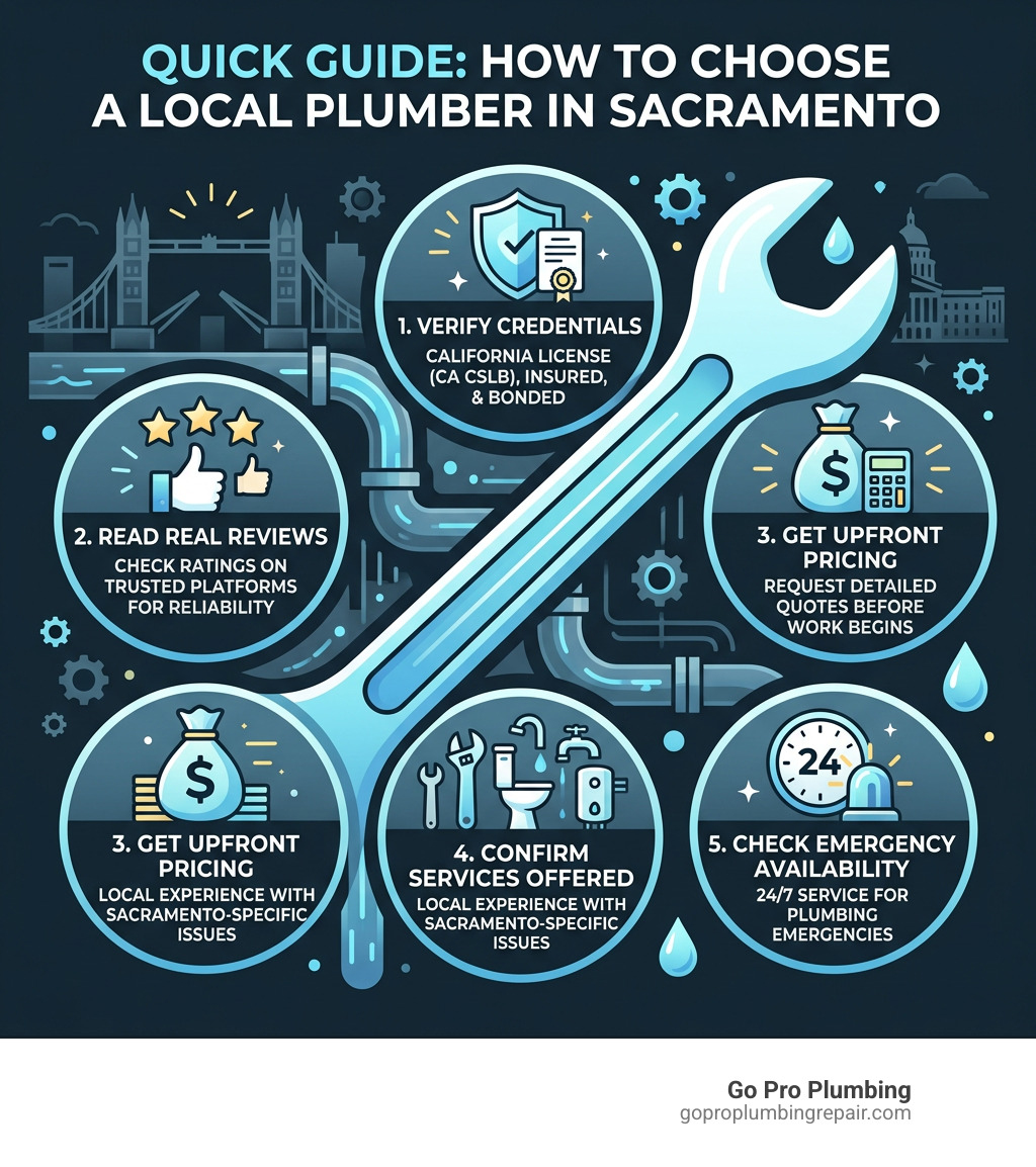 Quick guide infographic: how to choose a local plumber in Sacramento, covering credentials, reviews, pricing, services, and