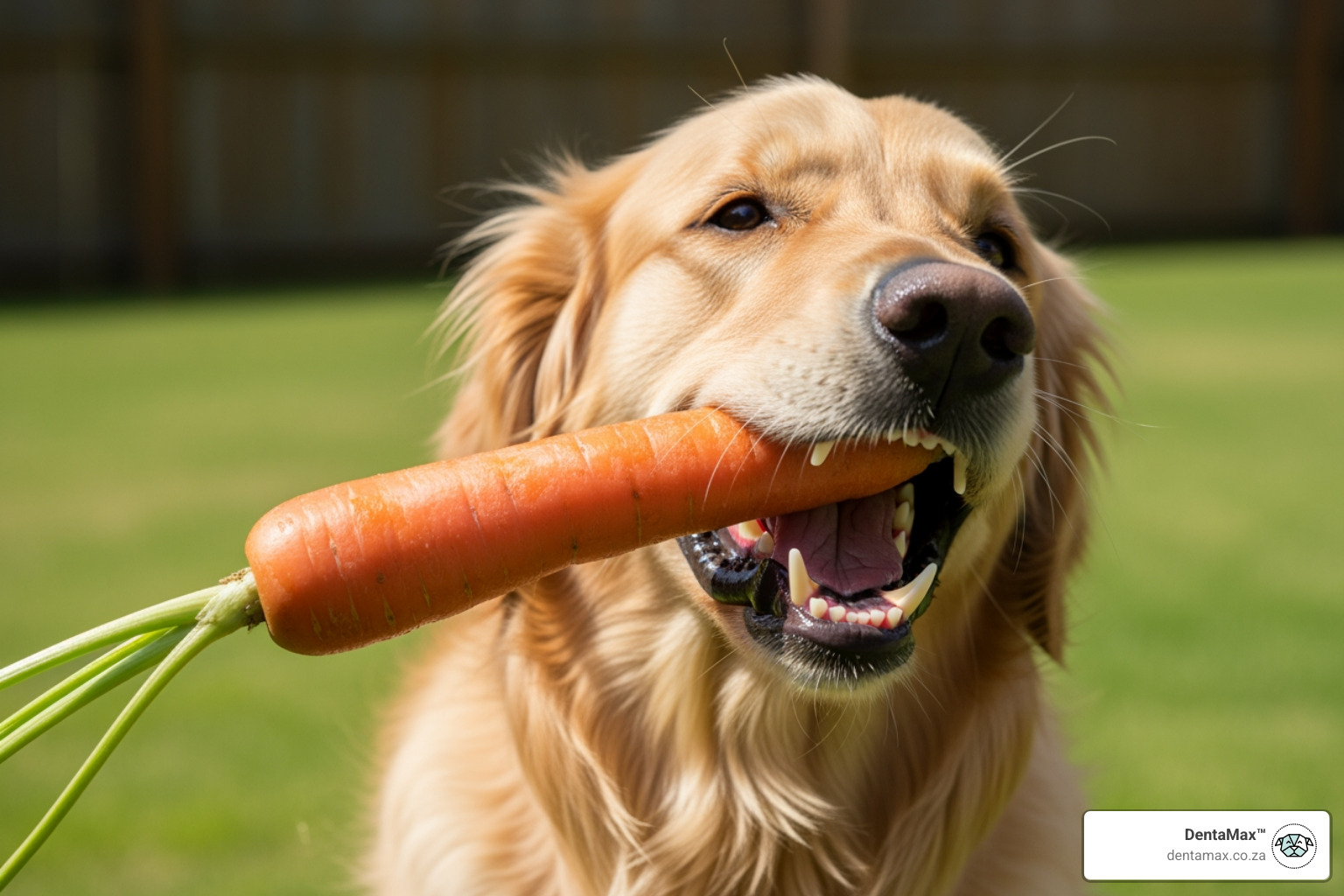 a dog happily chewing on a large raw carrot - natural ways to keep dogs teeth clean