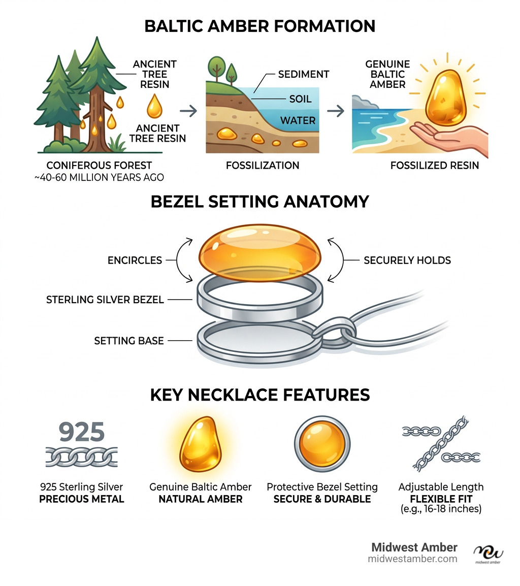 Infographic showing Baltic amber formation, bezel setting anatomy, and key necklace features - sterling silver bezel set