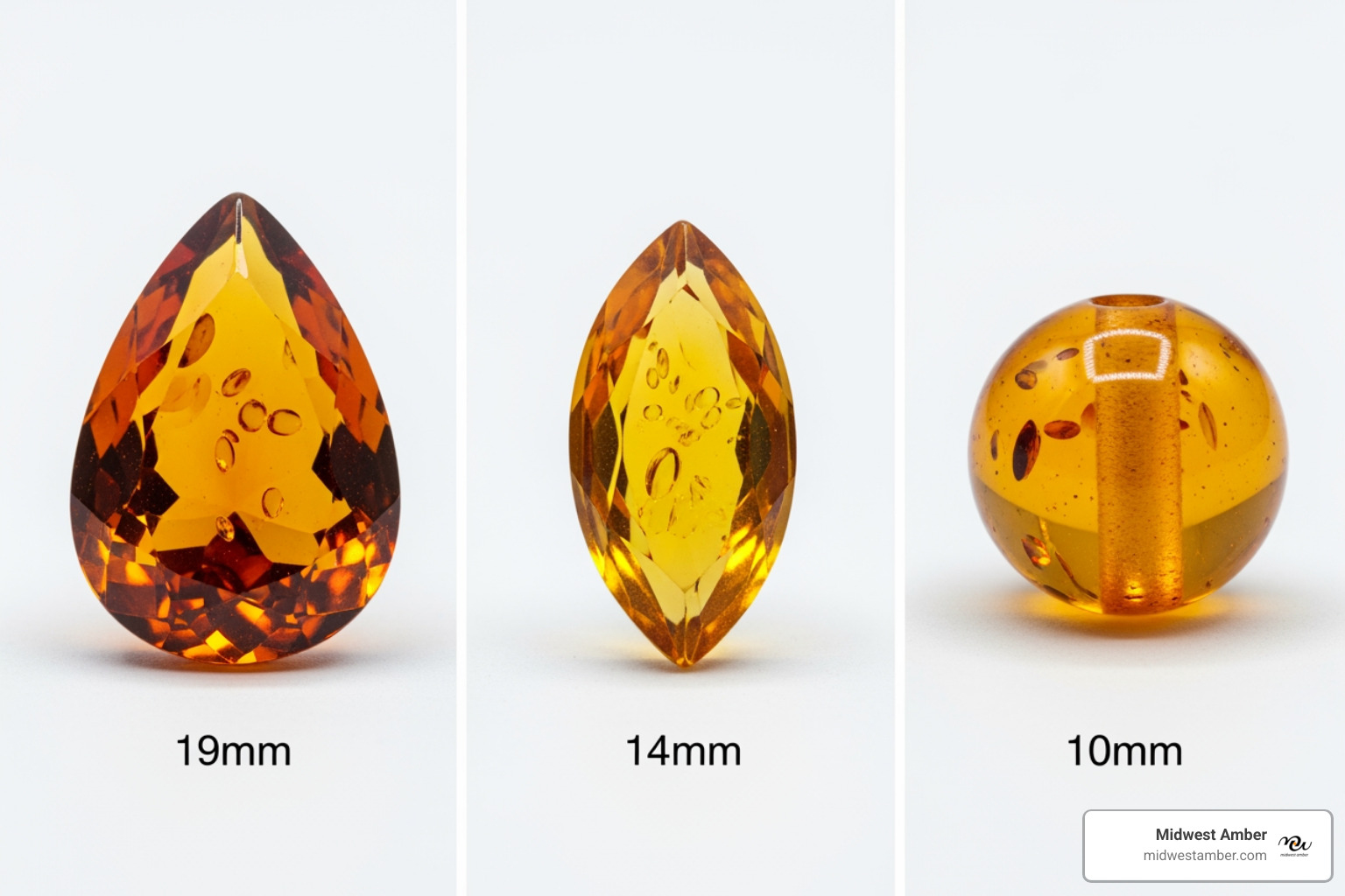 A collage showing different amber shapes: pear, marquise, and round - sterling silver bezel set amber necklace