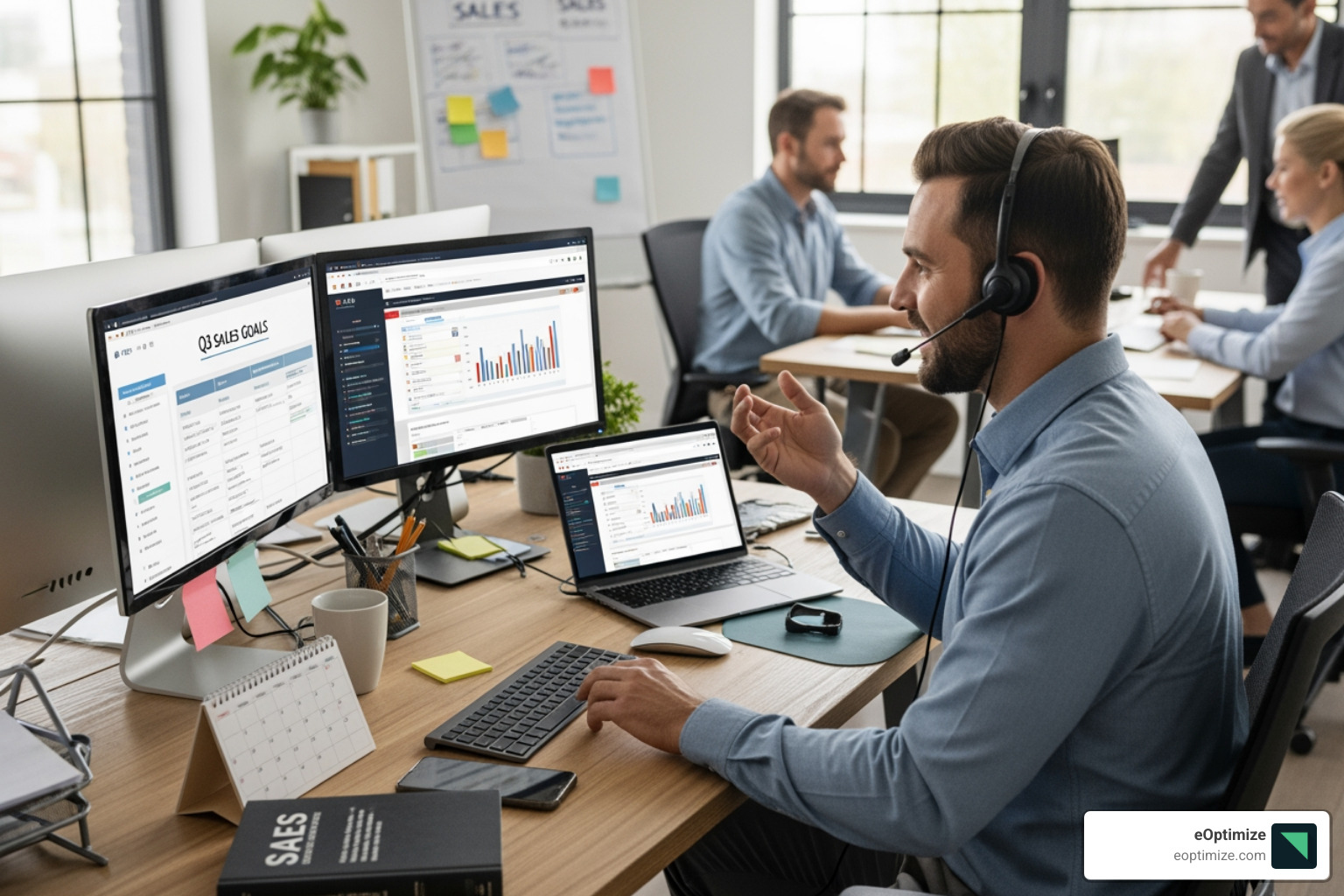 A high-performing inside sales representative managing a complex pipeline via a modern CRM dashboard