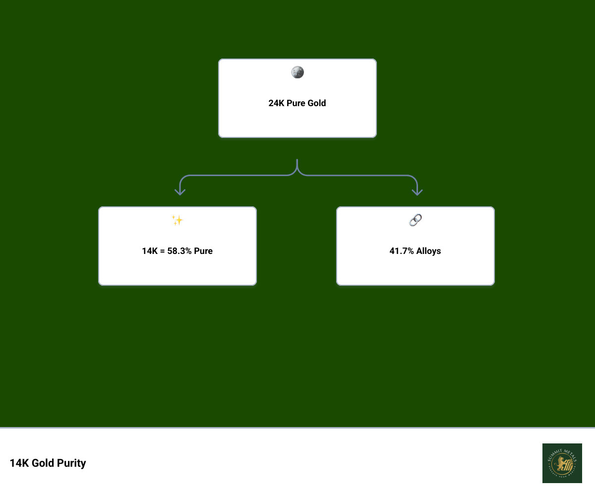 Infographic showing 14K gold purity, the 24-part karat system, and per-ounce value calculation - 14 karat gold worth per