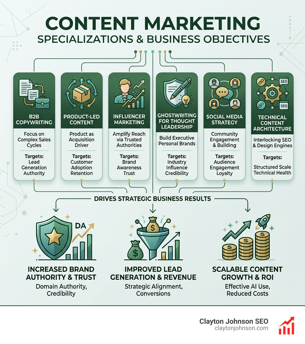 Infographic showing the different specializations in content marketing and how they cater to business objectives - best