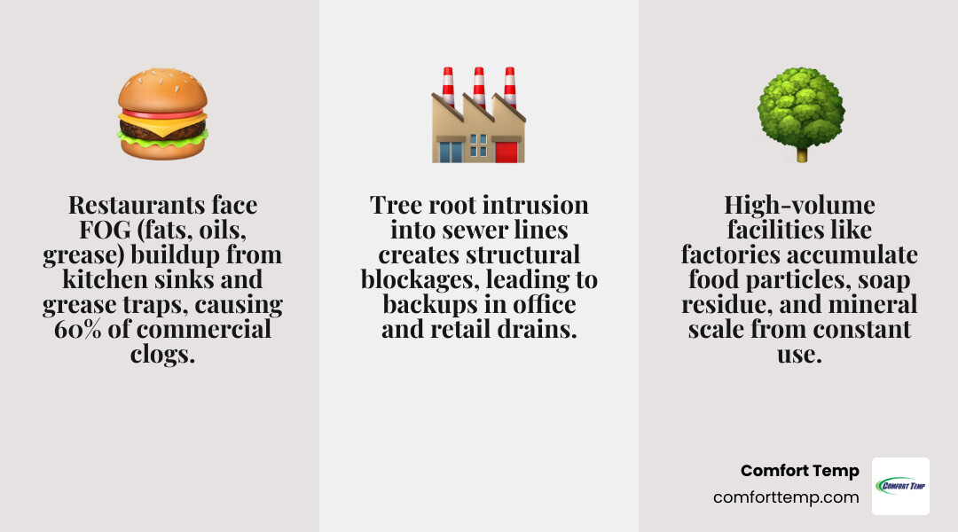 Infographic showing common commercial drain clogs, their sources, warning signs, and recommended cleaning frequency by Infographic showing common commercial drain clogs, their sources, warning signs, and recommended cleaning frequency by
