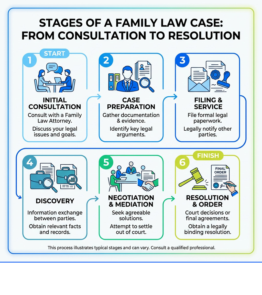Stages of a family law case from consultation to resolution infographic - law firm for family law infographic 