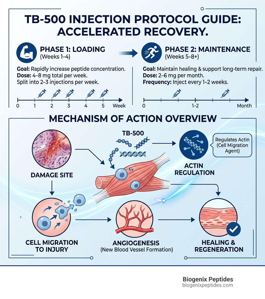 Infographic showing TB-500 loading vs maintenance phases, dosing schedule, and mechanism of action overview - tb 500