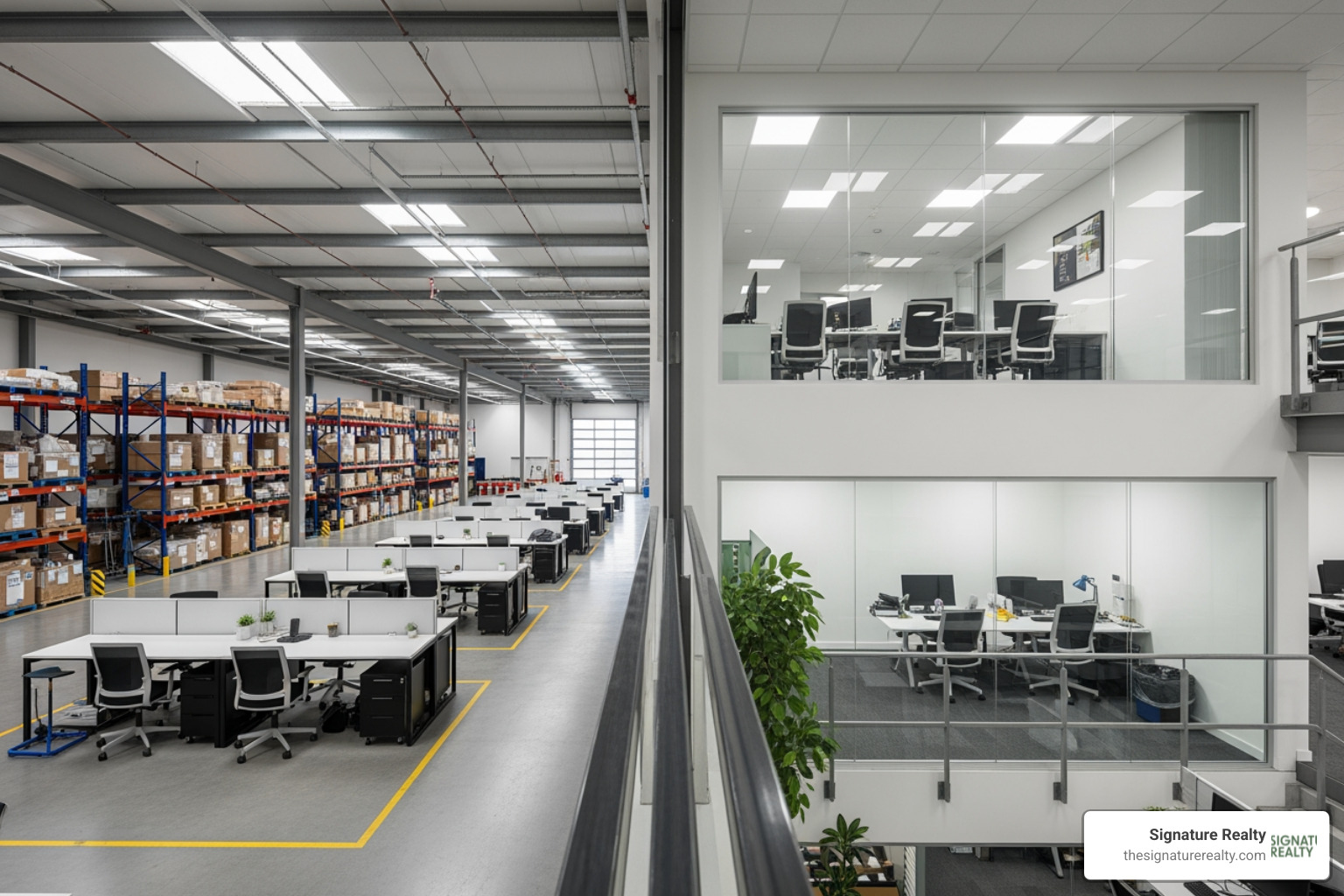 Modern flex unit interior with high ceilings and integrated office mezzanine - medley flex space lease Modern flex unit interior with high ceilings and integrated office mezzanine - medley flex space lease