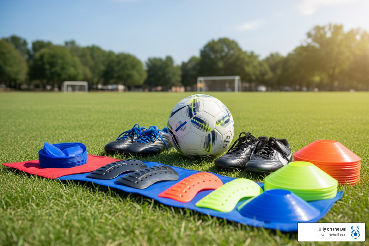 organized soccer gear on the grass including a ball, cleats, and cones - soccer fundamentals for youth